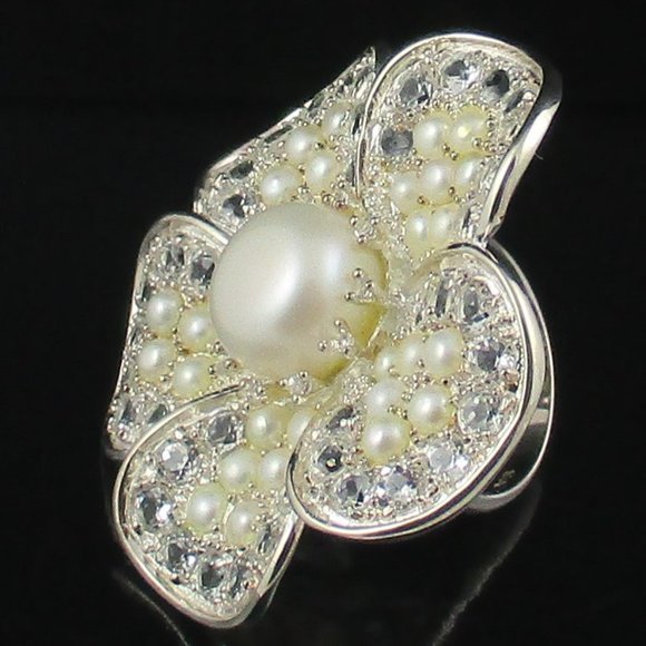 Cultured Pearl & White Topaz Flower Ring - Picture 2 of 10